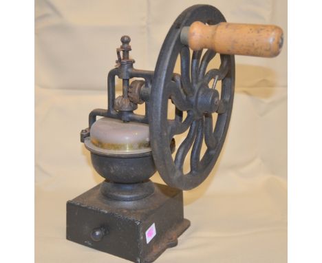 Robert Welch cast iron side wheel table mill with closed brass hopper, 33cm,