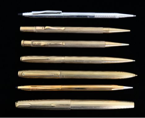  Gold pens and pencils,  a Yard-o-Led  ball point pen with engine turned decoration, similar pencil, both 9 ct,  a gold pen m