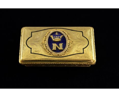 Gilt Bronze snuff box with engraved decoration and enamel and paste cartouche to the cover