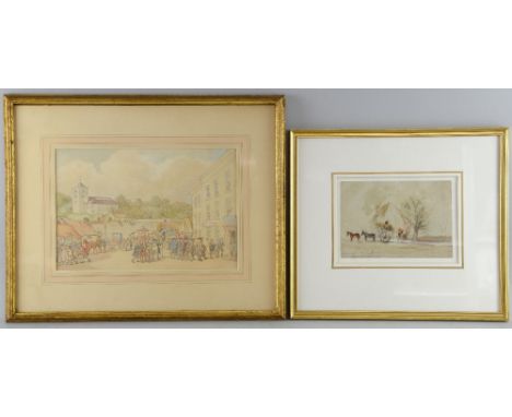 In the manner of T Rowlandson 1756-1827, a civic procession, watercolour, 19.5cm x 28.5cm and a watercolour sketch of a hayst