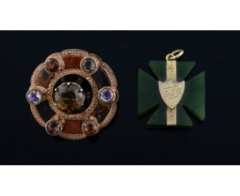 19th C Scottish brooch and jade pendant, brooch with central citrine and foil backed stones in raised setting, in a hardstone