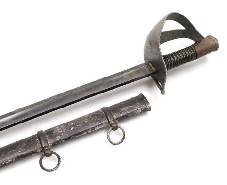 An early 19thC heavy cavalry sabre, the steel blade stamped Partridge, with a cast iron guard, leather and wire bound grip, w