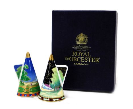 A pair of Royal Worcester Connoisseur collection porcelain candle snuffers, decorated in the Lazy Days, and Blue Lagoon patte