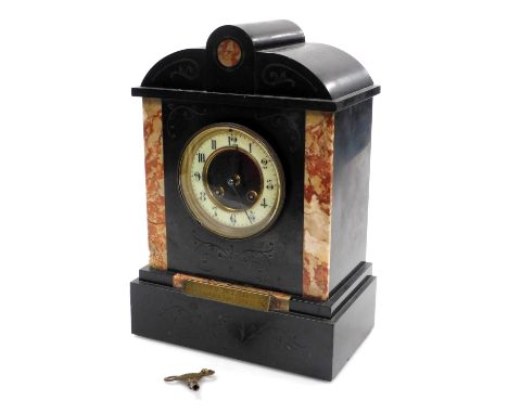 A Victorian slate and marble mantel clock, circular brass dial with enamel chapter ring bearing Arabic numerals, eight day mo