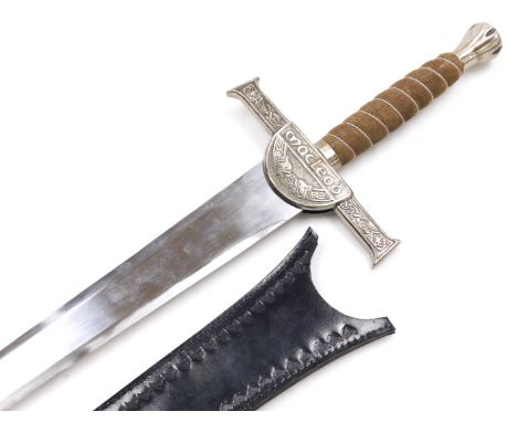 A replica Macleod clan sword, with leather scabbard, 102cm long.