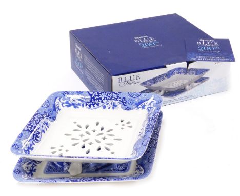 A Spode Pottery Italian pattern blue and white fruit strainer on stand, 200th anniversary edition, printed mark, boxed.