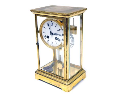 A late 19thC French brass four glass mantel clock, circular enamel dial bearing Roman numerals, eight day movement, with coil