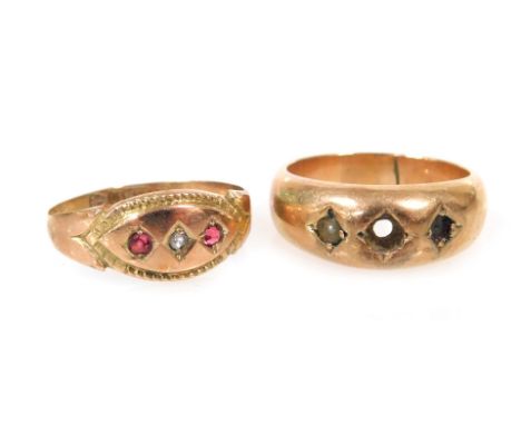 A Victorian 9ct gold and paste set three stone dress ring, size M, 0.9g, and a gypsy ring, stones lacking, unmarked, size J, 