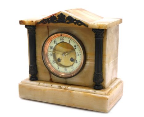 A late 19thC marble cased mantel clock, circular brass dial with enamel chapter ring bearing Arabic numerals, eight day movem