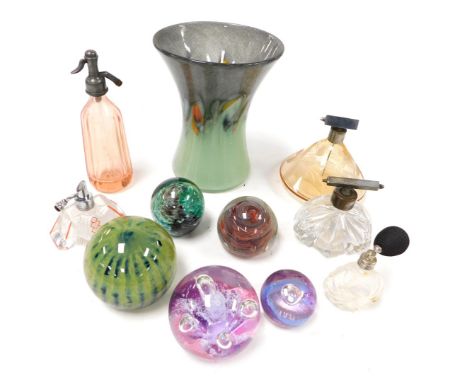 A group of 20thC glass, including five art deco atomisers, Strathearn glass vase, Caithness Moonflower paperweight, further p