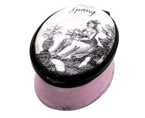 An early 19thC Staffordshire enamel patch box, with a hinged lid decorated with a seated lady, emblematic of "spring", openin