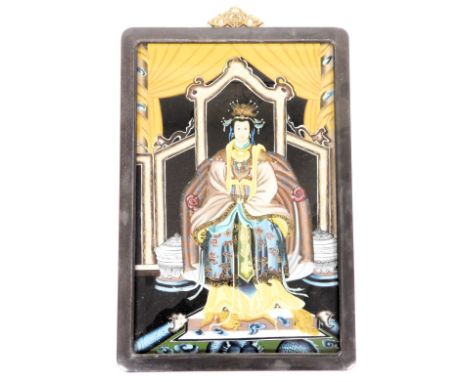 A 20thC Chinese ancestor portrait on glass, depicting a high ranking woman in a seated pose, within a hardwood frame, 47cm x 