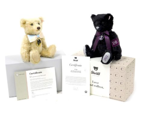 A Steiff Queen Elizabeth II memorial bear, number 6898, with certificate, and the Footprints in the Sand bear number 54, limi