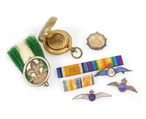 A Victorian Masonic pendant, with set square and compass, three RAF badges, two ribbon bars, a Boy Scouts badge and a Victori