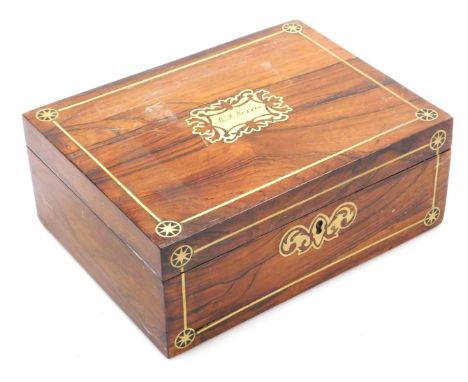 A Victorian rosewood and brass inlaid sewing box, with escutcheon to the lid named for M P Morris, the hinged lid opening to 