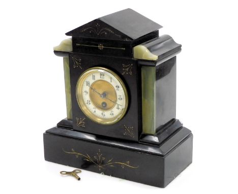 A Victorian slate and onyx mantel clock, circular brass dial with chapter ring bearing Arabic numerals, thirty day movement, 