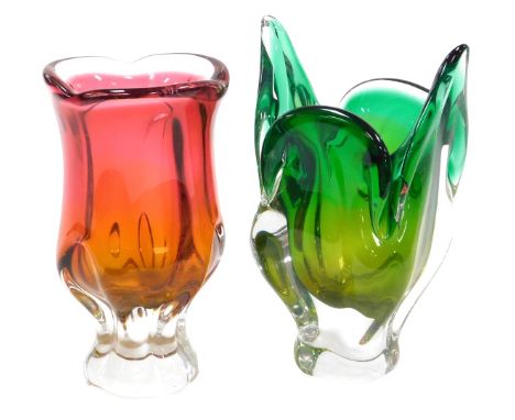 A late 20thC Josef Hospodka ruby to amber glass vase, 19cm high, together with a Chribska green to yellow glass vase, 21cm hi