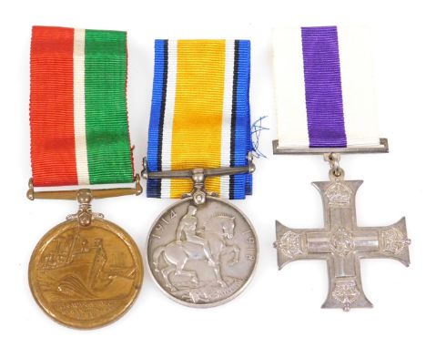 A WWI Mercantile Marine medal, named to Henry R R Mayley together with a Great War medal, and a copy Military Cross.