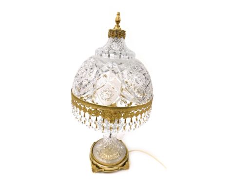 A Victorian style brass and fret glass table lamp, with brilliant cut drops, 53cm high.