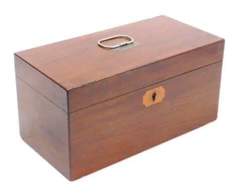 A Georgian mahogany tea caddy, of rectangular section, with an inlaid key escutcheon and white metal carrying handle, the hin