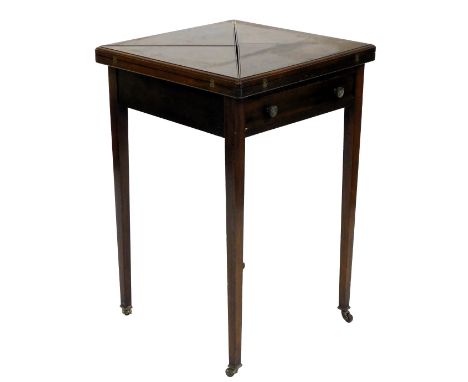 An Edwardian walnut envelope card table, square top with a green leather inset, above a frieze drawer, on square tapering leg