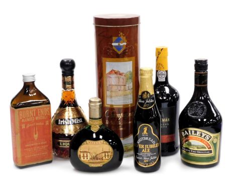 Sandeman Founder's reserve ruby port, Irish Mist liqueur, Mateus rosè, Whitbread Silver Jubilee ale 1977, Baileys, and a bott