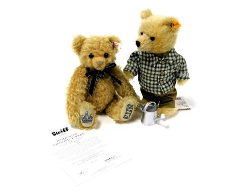 A Steiff diamond jubilee teddy bear 2012, with certificate, and a Steiff classic standing bear with watering can. (2)