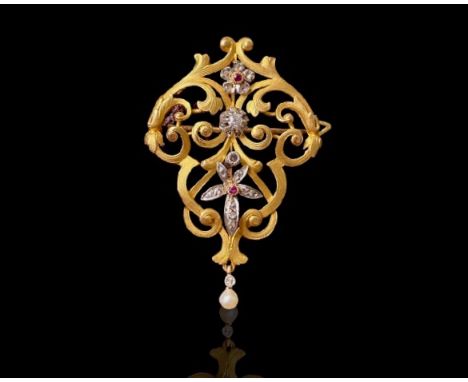 Of inverted triangular design, set with a natural pearl and diamonds, 18-karat gold, gross weight 7 g, measuring approximatel