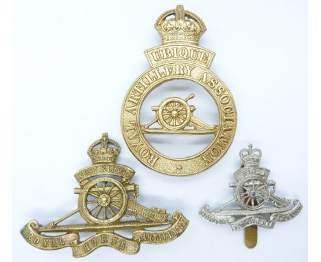 British Army Royal Artillery West Riding Royal Horse Artillery metal badge together with two other artillery badges