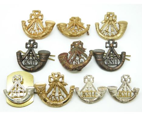 Ten British Army King's Shropshire Light Infantry metal collar badges in four pairs plus two&nbsp;