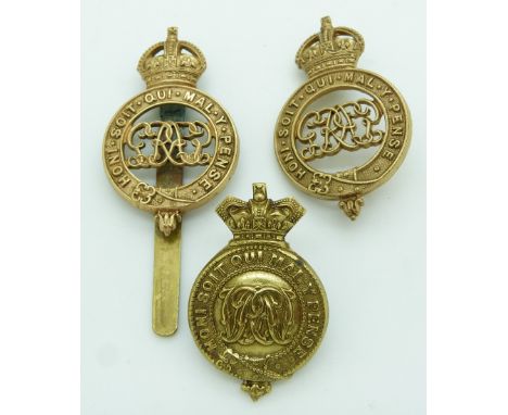 Two British Army Grenadier Guards other ranks Puggaree badges, together with a similar example, one marked Firmin London