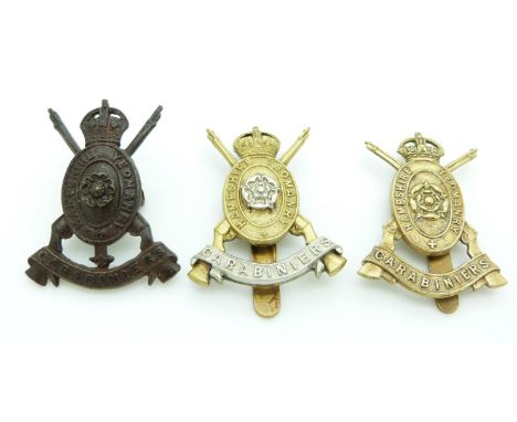 Three British Army Hampshire Carabiniers metal cap badges including an officer's service dress example