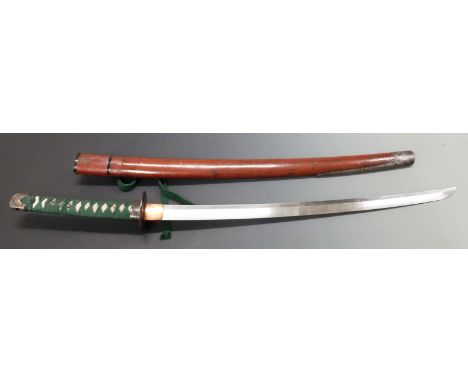 Japanese Wakizashi in red lacquer scabbard, overall length 88cm