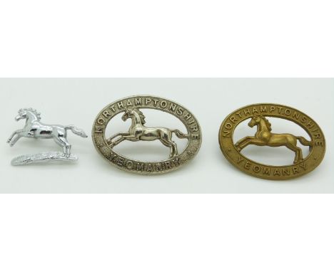 Three British Army Northamptonshire Yeomanry metal badges including an all brass example and&nbsp;one example by Gaunt
