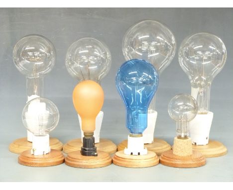 Eight large projector and similar bulbs on wooden display stands, height of largest 35cm