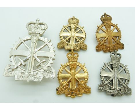 Five British Army Apprentices School metal badges including a pouch bag example, three by Gaunt