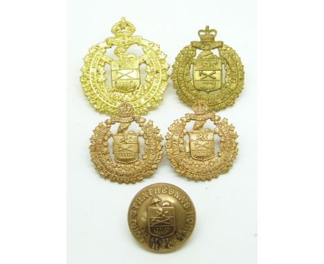 Four Canadian Army Lord Strathconan's Horse metal badges including a near pair of collar badges with J.R Gaunt Montreal made 