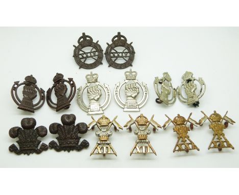 Fourteen British Army 12th, 21st, and 24th Lancers, Royal Wiltshire Yeomanry and Royal Armoured&nbsp;Corps metal collar badge