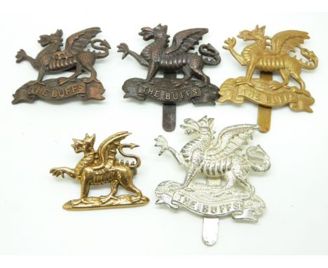 Five British Army The Buffs Royal East Kent Regiment metal cap badges including a Lambourne &amp; Co makers example