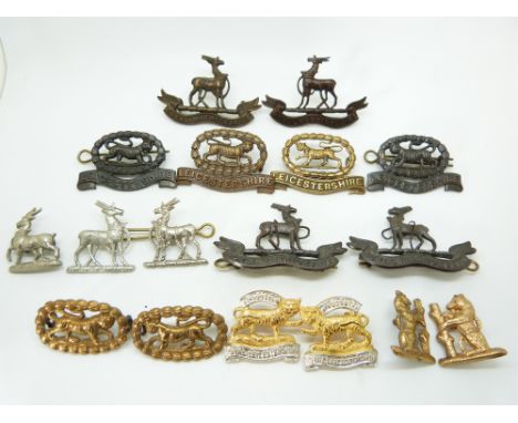 Seventeen British Army Royal Warwickshire Regiment and Leicestershire Regiment metal collar badges in four pairs plus nine in