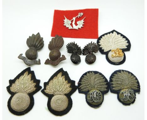 Ten British Army Honourable Artillery Company bullion and metal badges including a pair of officer's service dress collar bad