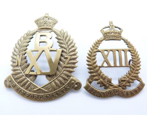New Zealand Army WWI 15th Reinforcements B Company and 13th Reinforcements metal badges