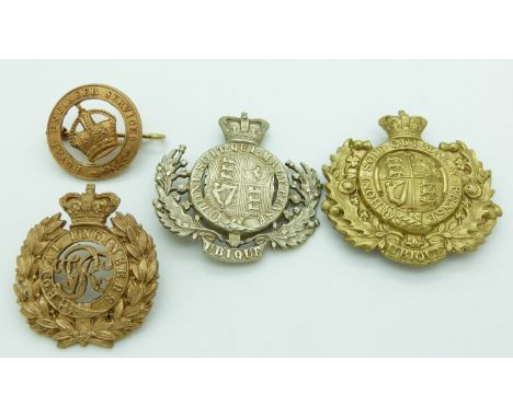 British Army Royal Engineers metal badges, three with Queen Victoria Crown together with Royal Engineers Services example
