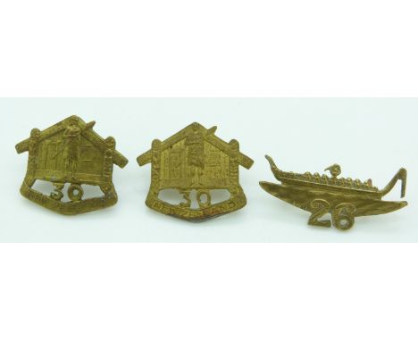 Three New Zealand Army WWI pair of 30th Reinforcements metal badges together with a 26th Reinforcements example
