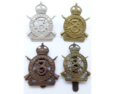British Army 3rd County of London metal cap badges, including a white metal example stamped silver to reverse