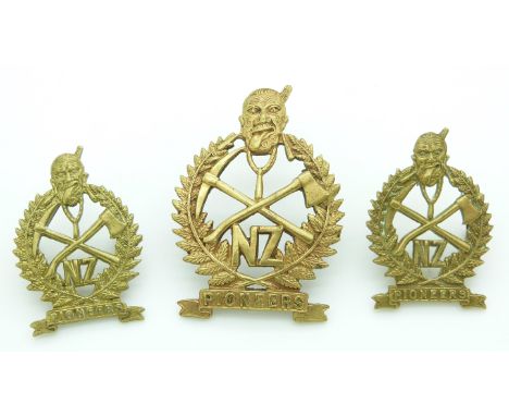 Three New Zealand Army WWI New Zealand Expeditionary Force Native Contingent Maori Battalion metal hat and collar badges, all
