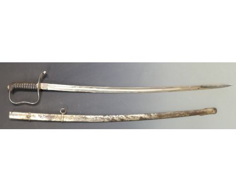 Early 20thC sword with curved 80.5cm blade, wire bound shagreen grip and plated metal scabbard