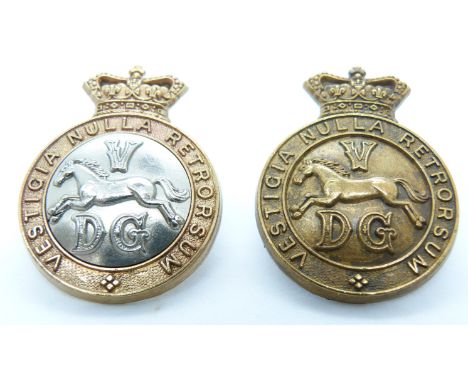 Two British Army 5th Dragoon Guards Victorian metal cap badges