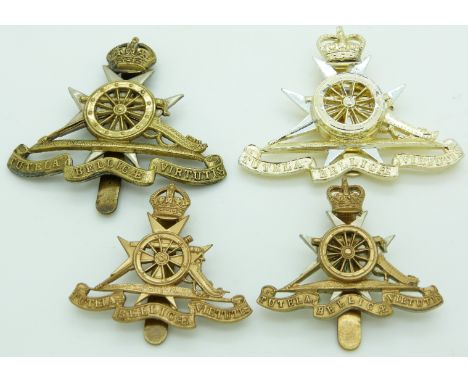 Four British Army Royal Malta Artillery metal badges including an anodised example, one by Firmin