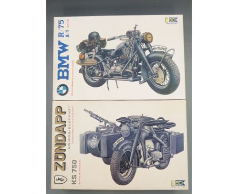 Two 1:9 scale plastic model kits BMW R/75 and Zundapp KS750, both in original boxes.